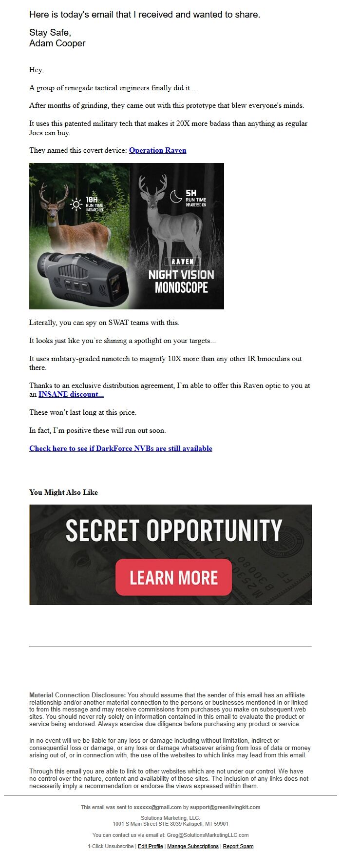 Screenshot of the email generated on import