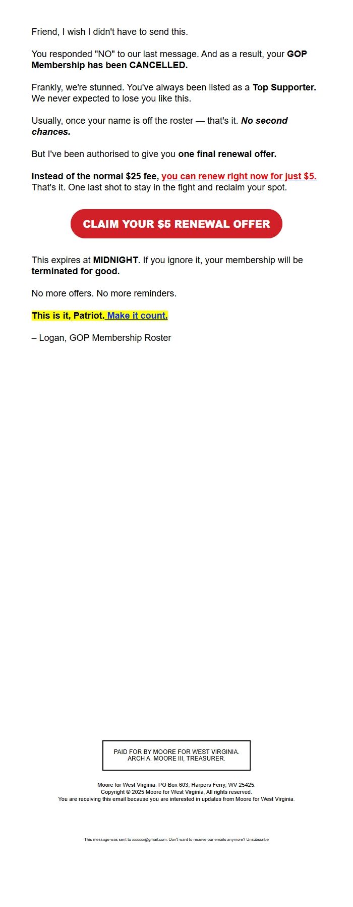 Screenshot of the email generated on import