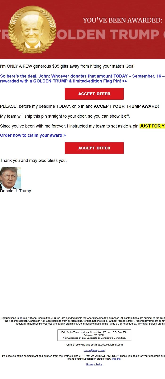 Screenshot of the email generated on import