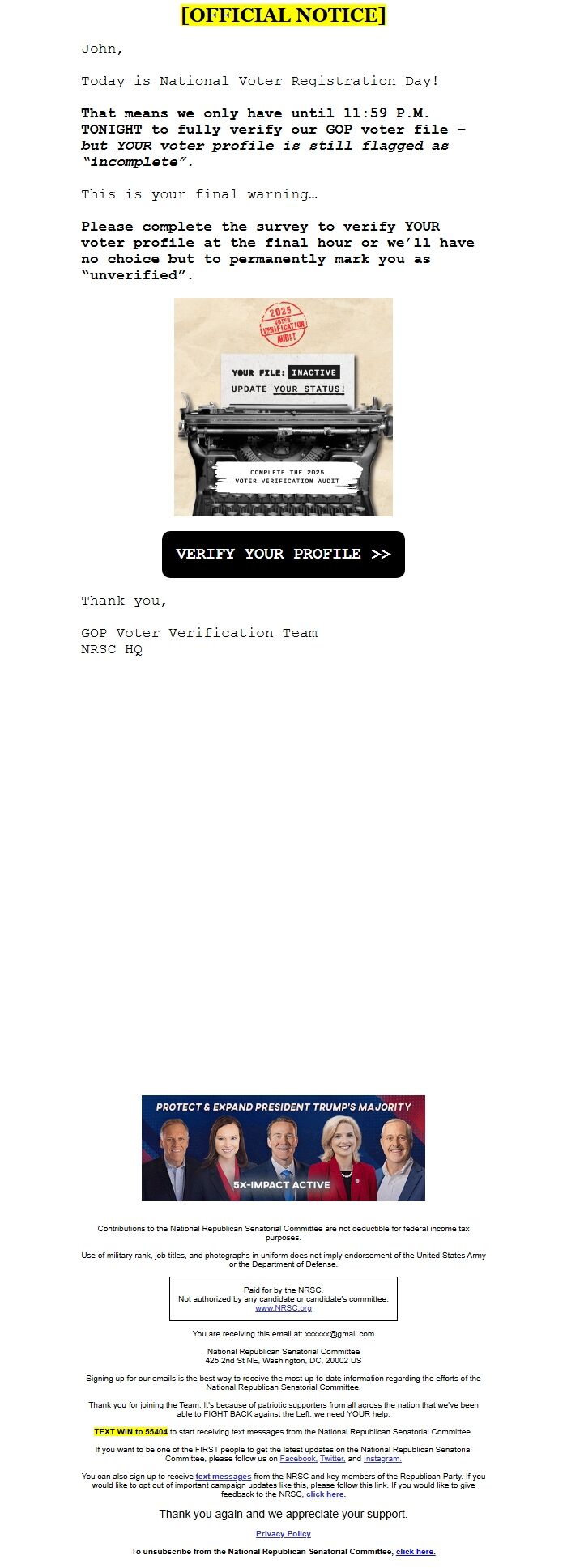 Screenshot of the email generated on import