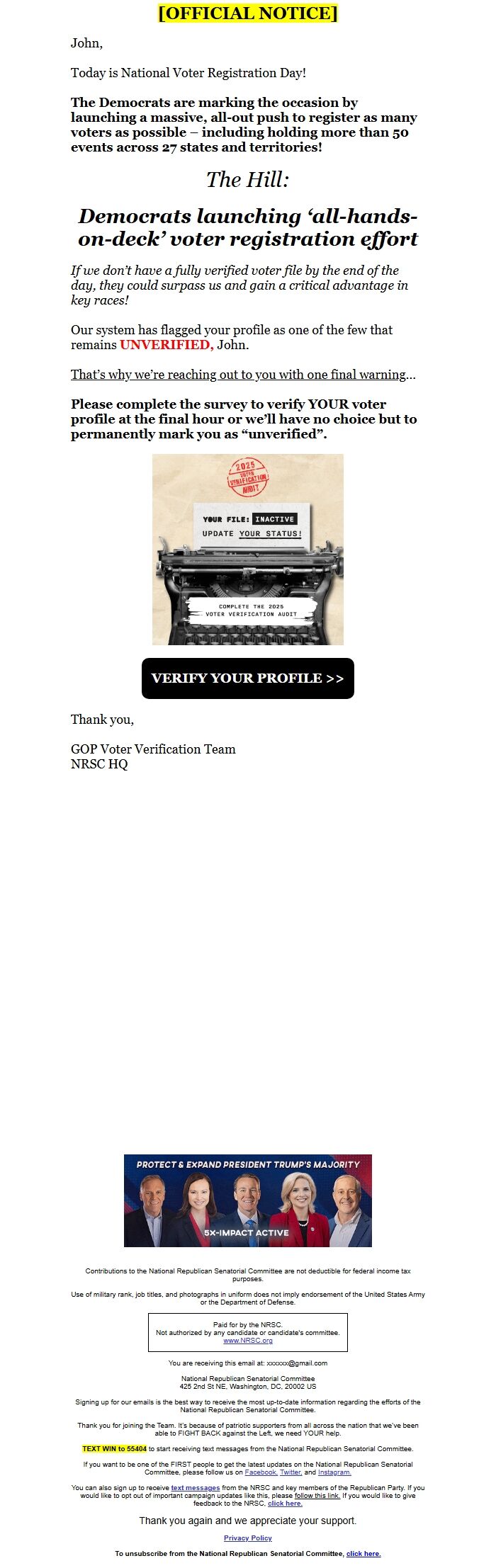 Screenshot of the email generated on import