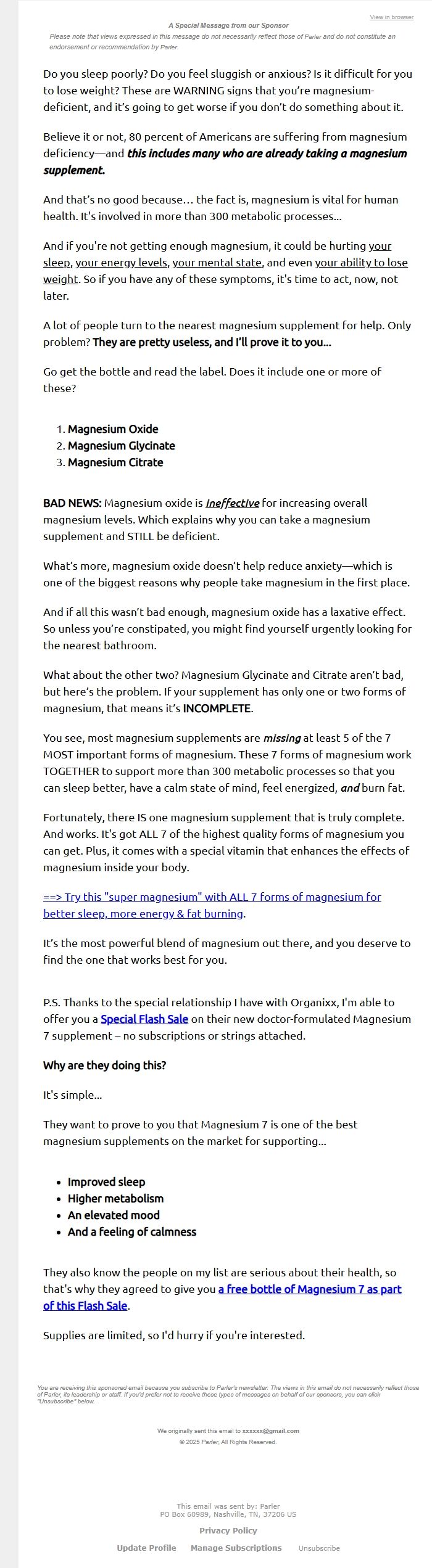 Screenshot of the email generated on import