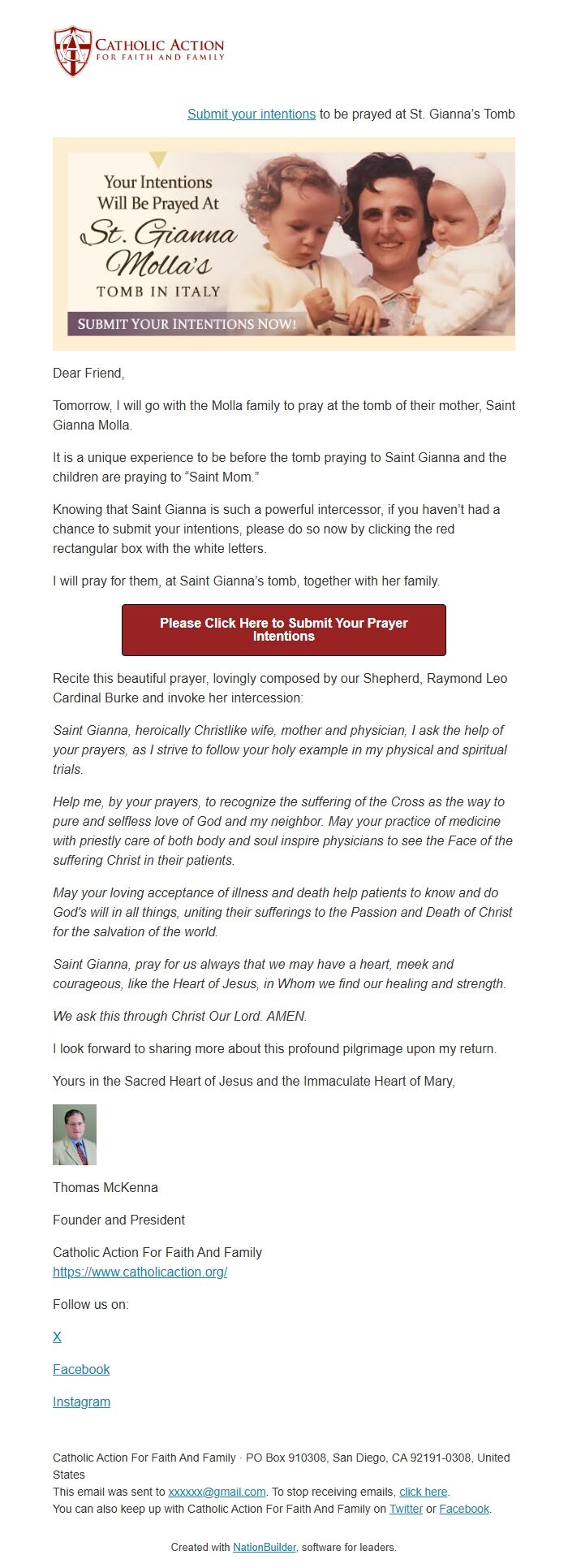 Screenshot of the email generated on import
