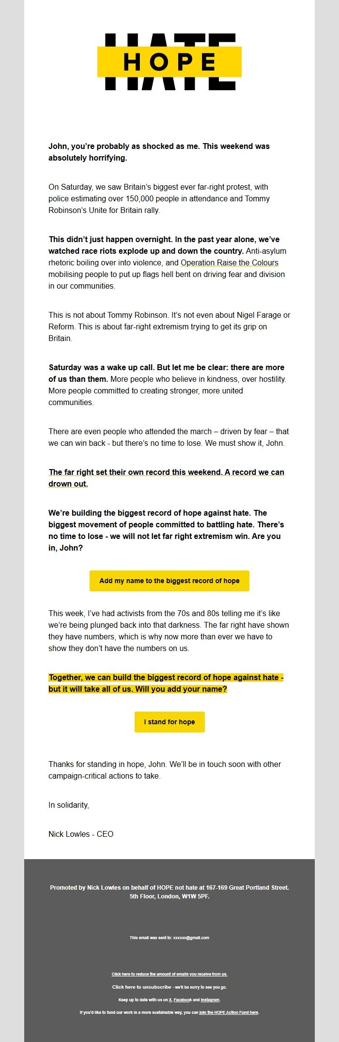 Screenshot of the email generated on import