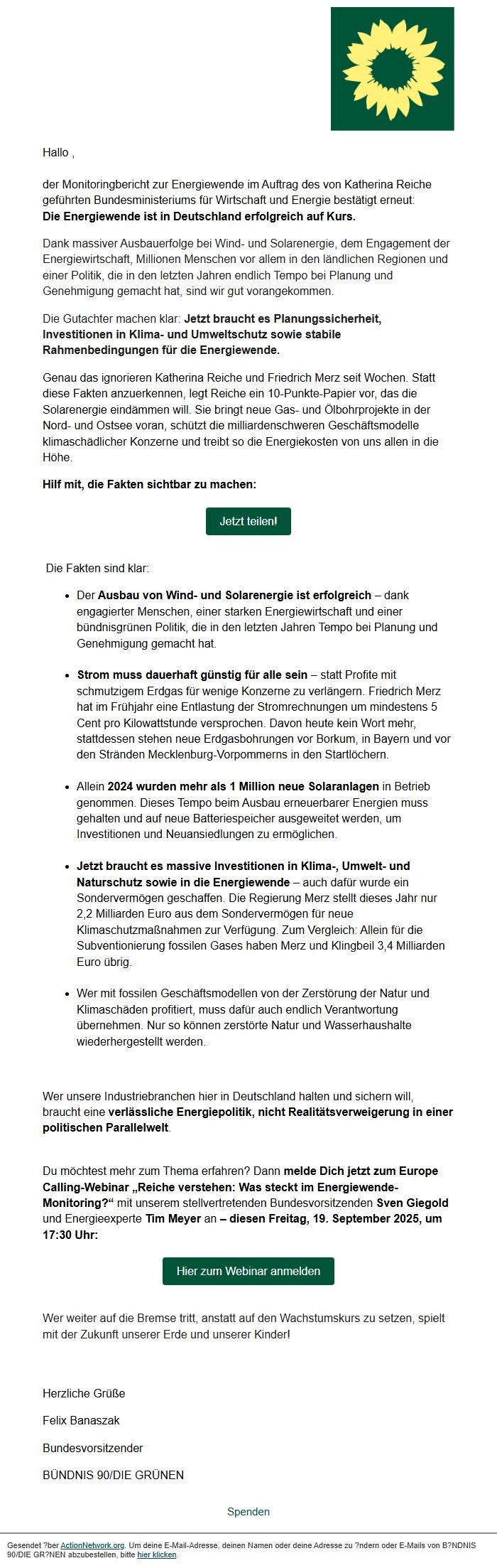 Screenshot of the email generated on import