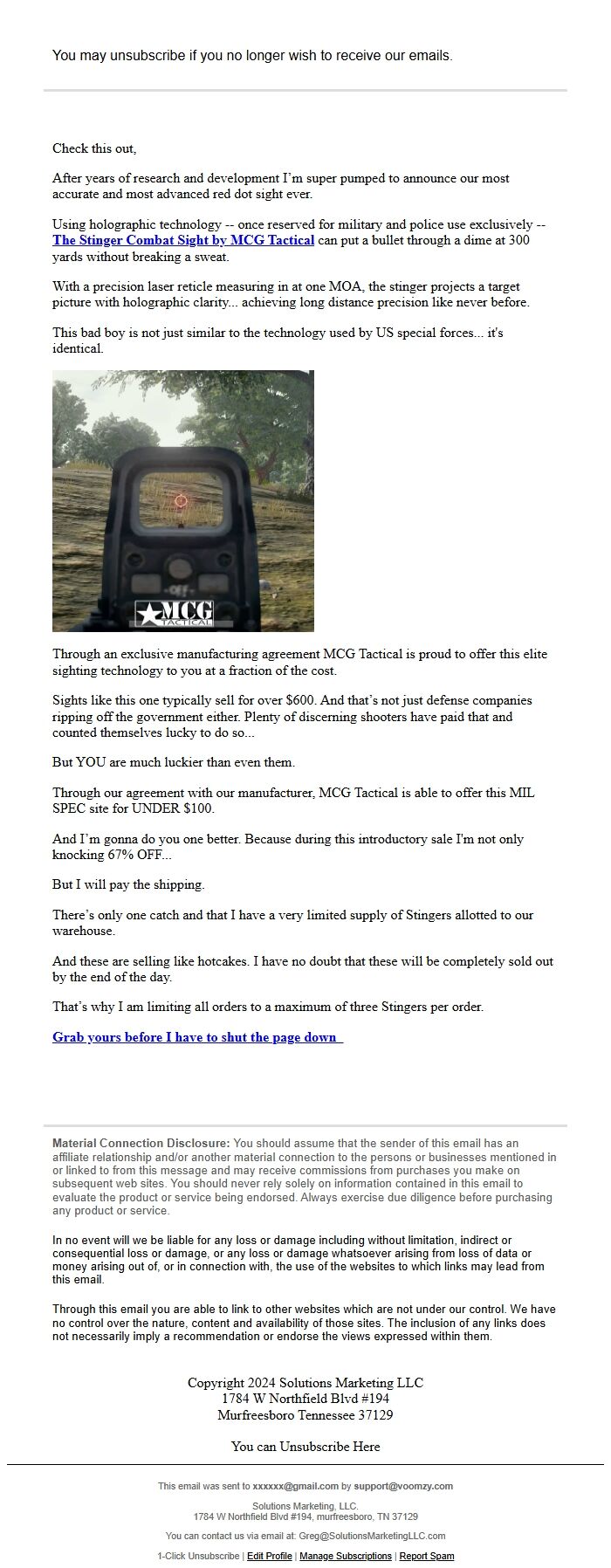 Screenshot of the email generated on import