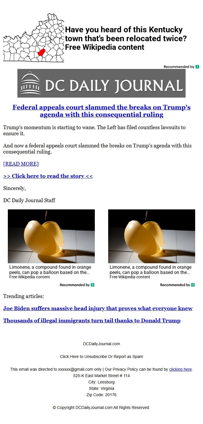 Screenshot of the email generated on import