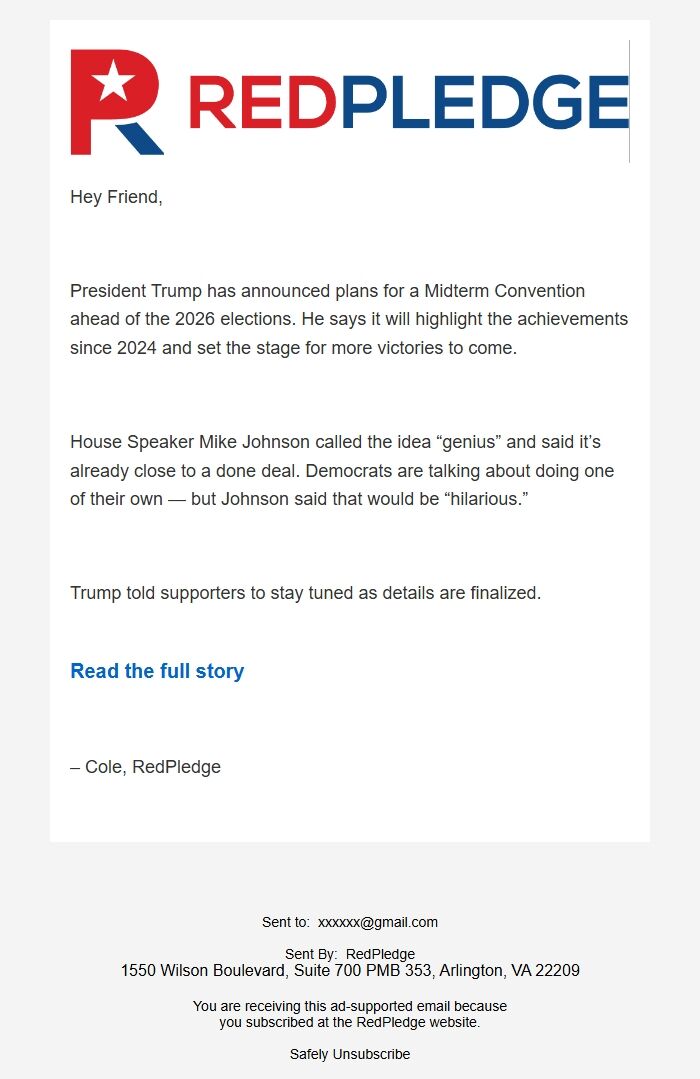 Screenshot of the email generated on import