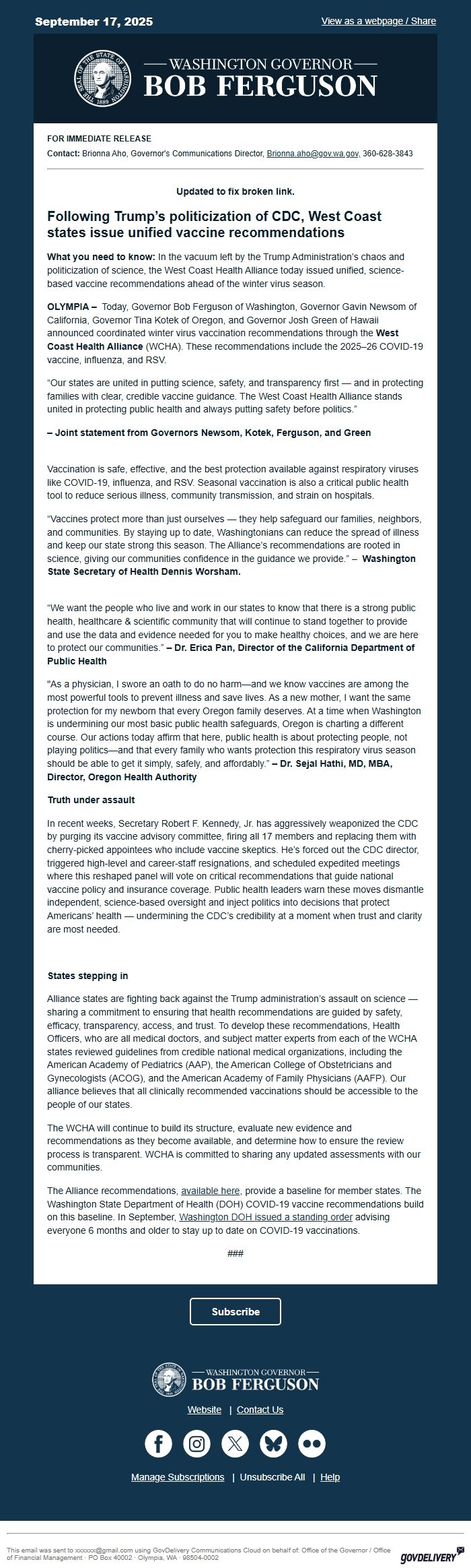 Screenshot of the email generated on import