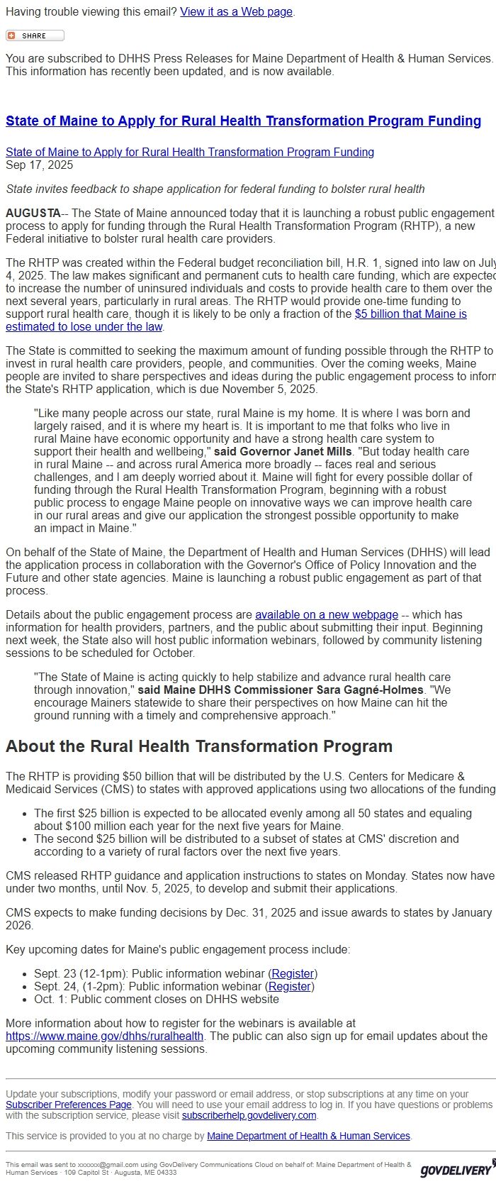 Screenshot of the email generated on import