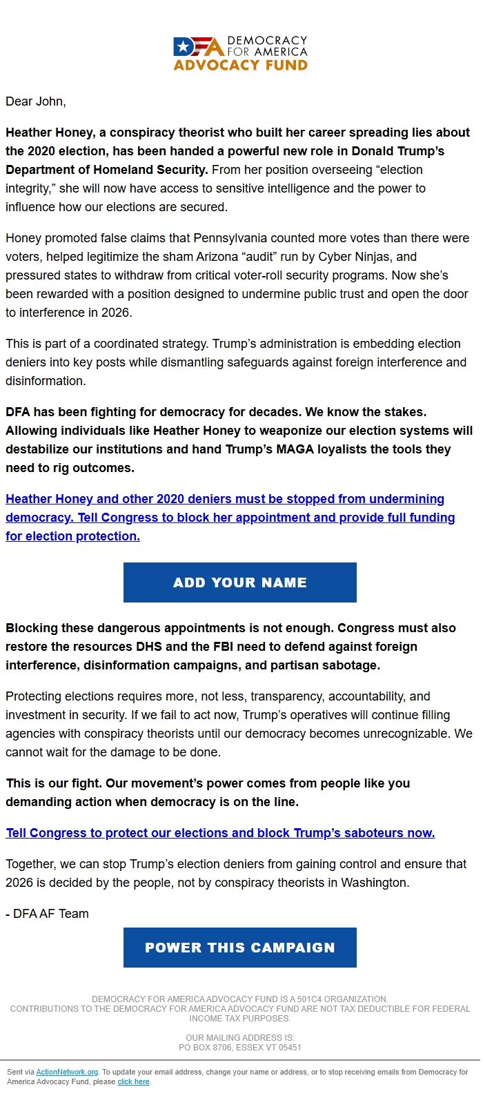 Screenshot of the email generated on import