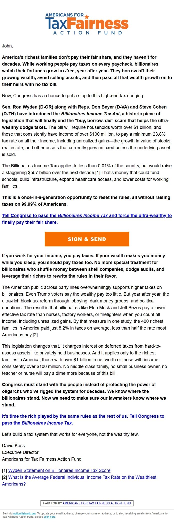 Screenshot of the email generated on import