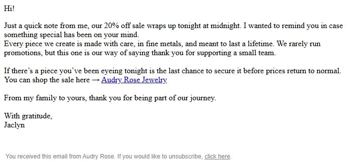 Screenshot of the email generated on import