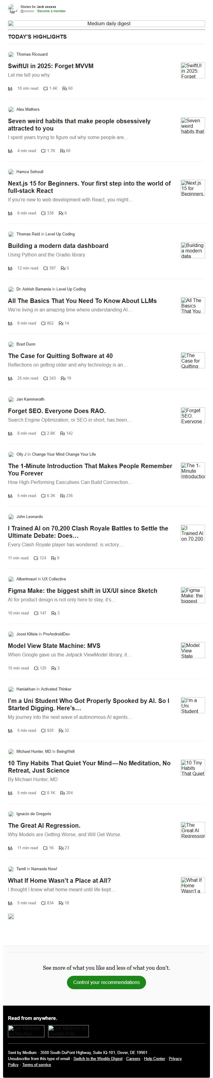 Screenshot of the email generated on import