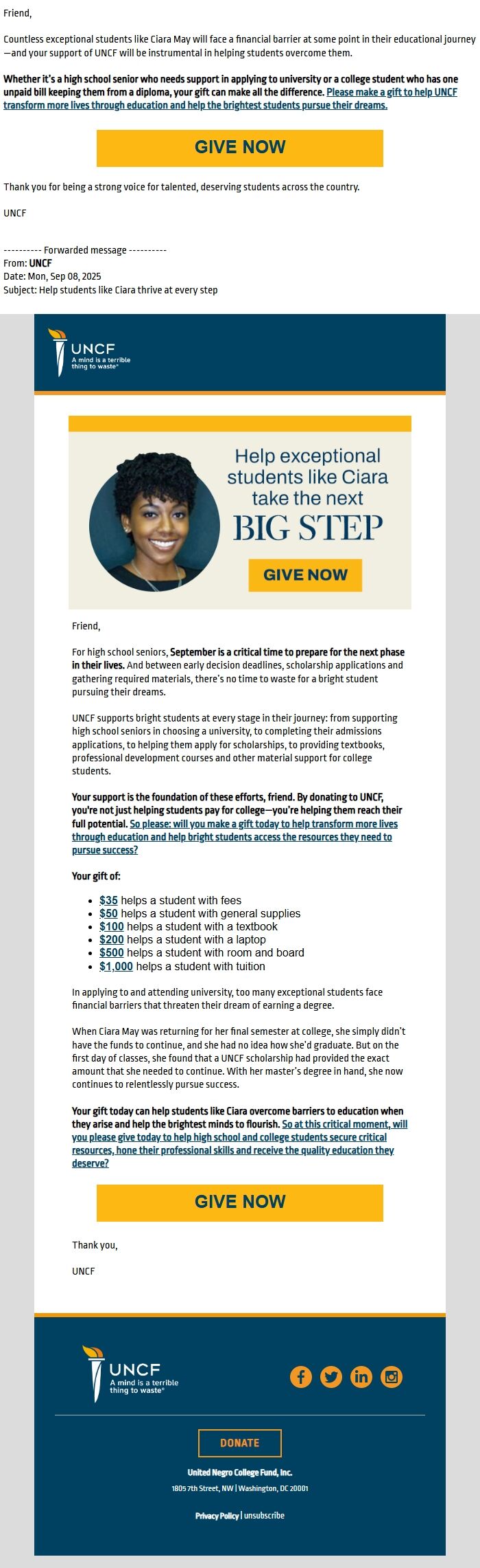 Screenshot of the email generated on import