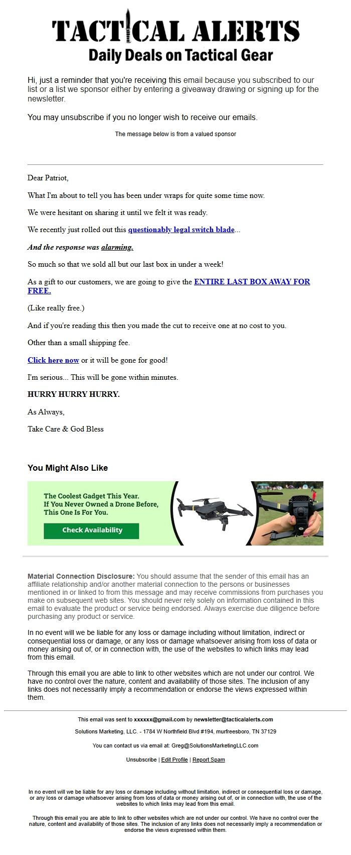 Screenshot of the email generated on import