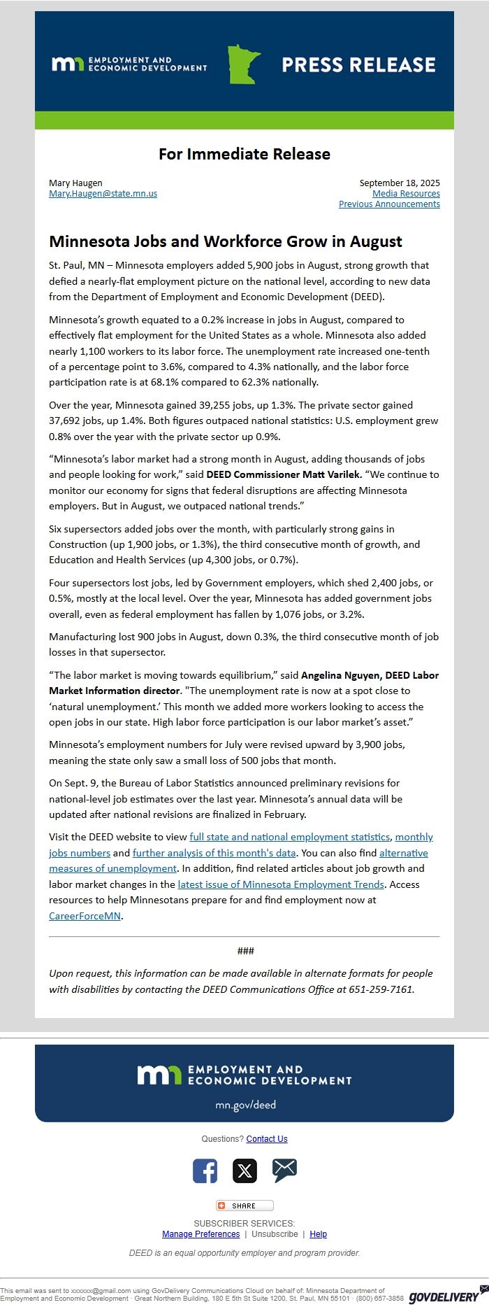 Screenshot of the email generated on import