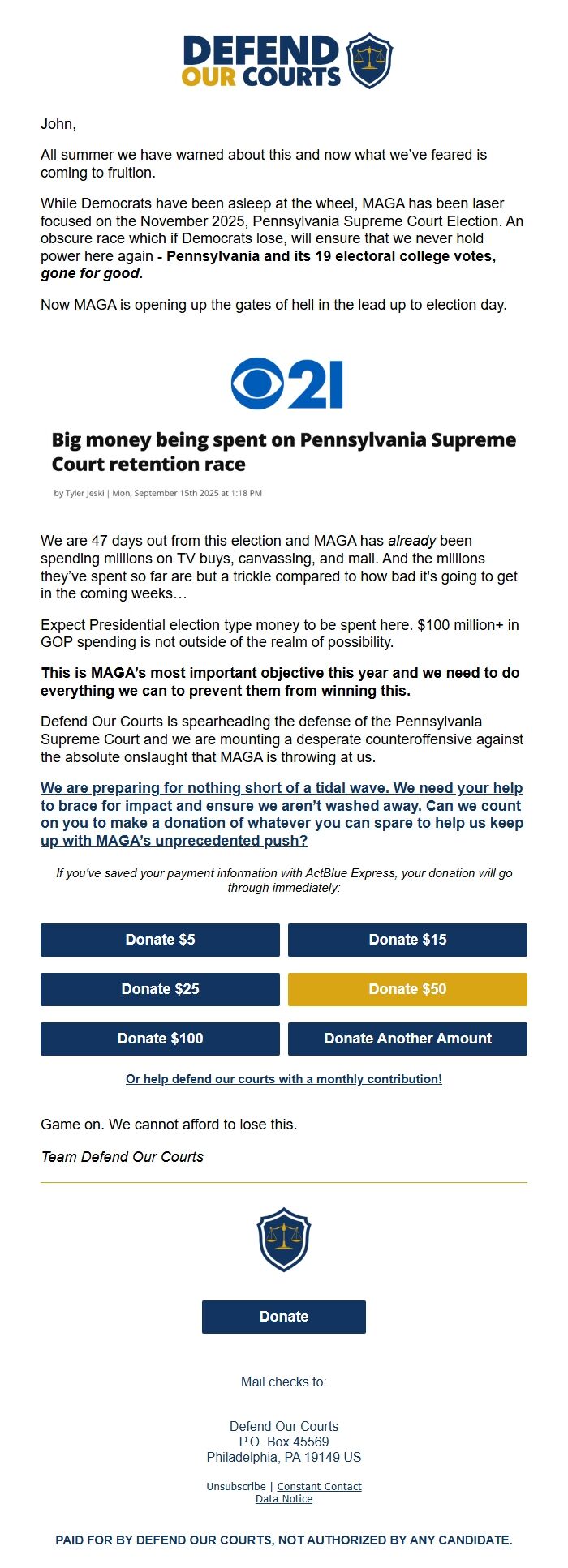 Screenshot of the email generated on import