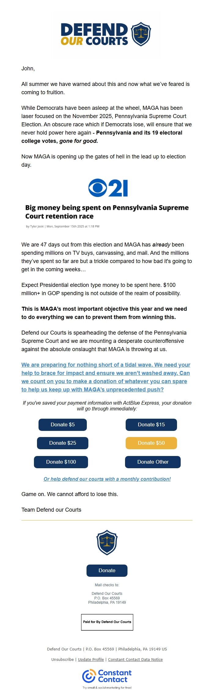 Screenshot of the email generated on import
