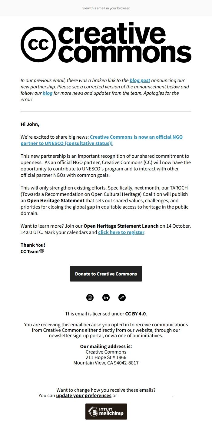 Screenshot of the email generated on import