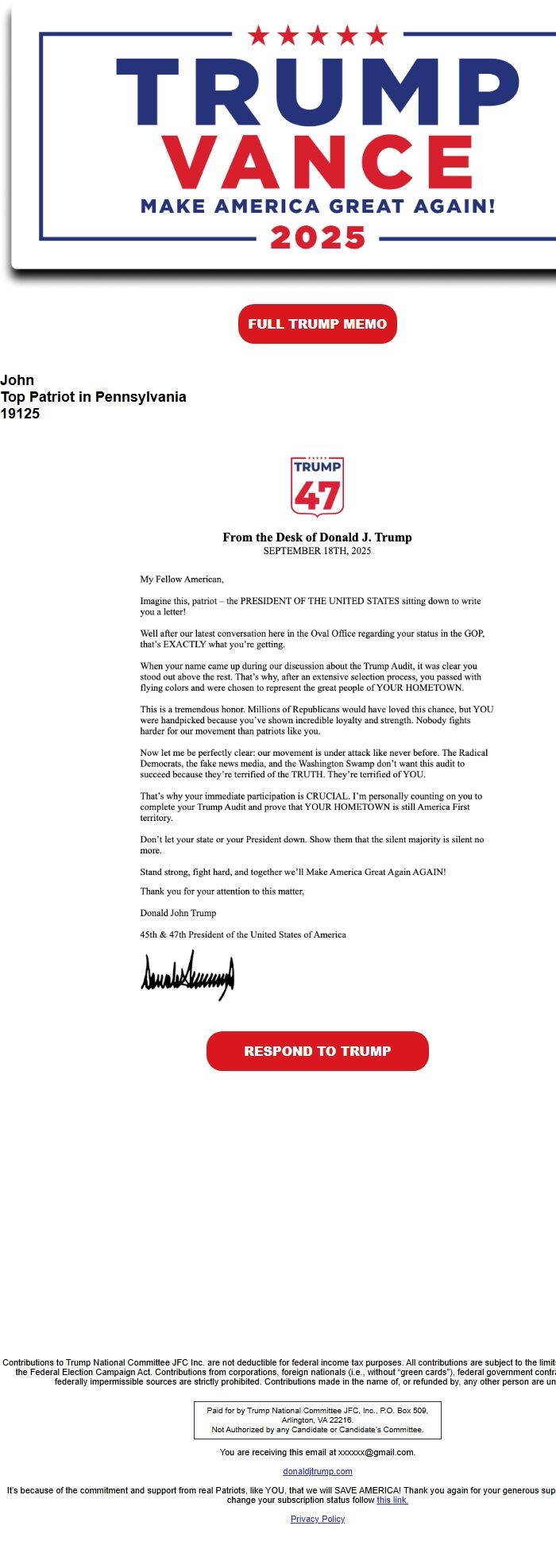 Screenshot of the email generated on import
