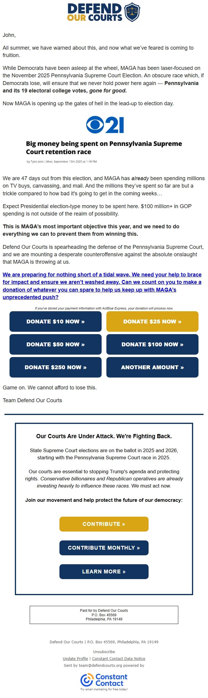 Screenshot of the email generated on import