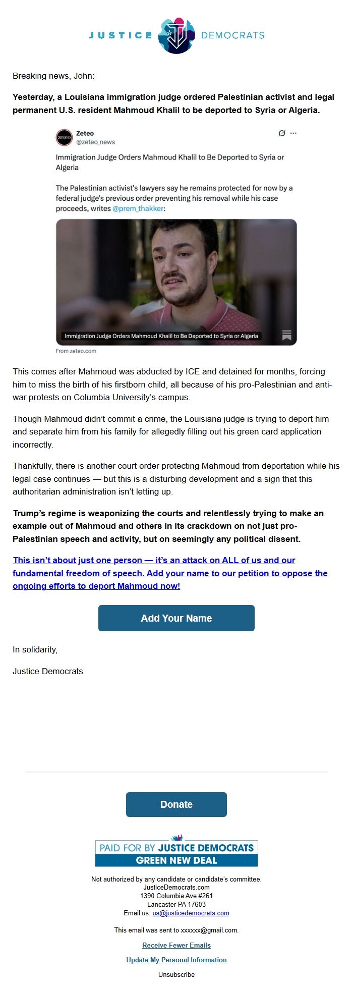 Screenshot of the email generated on import