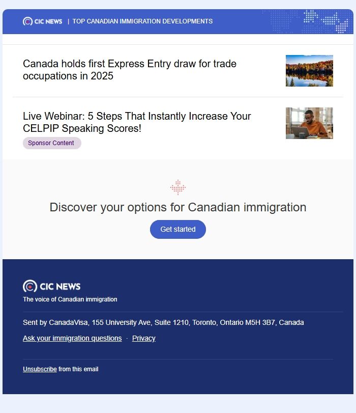 Screenshot of the email generated on import