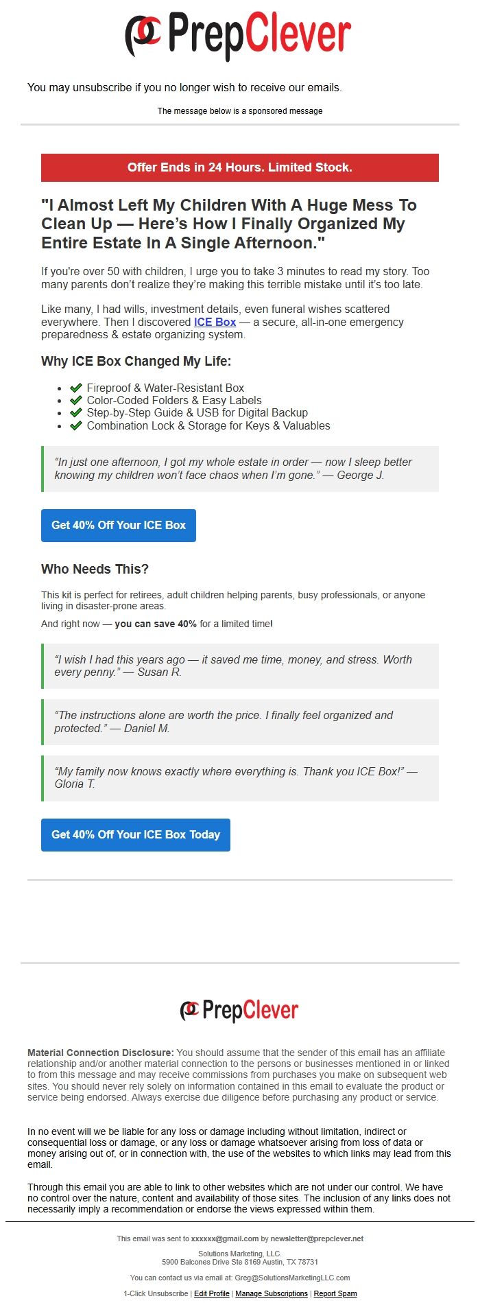 Screenshot of the email generated on import