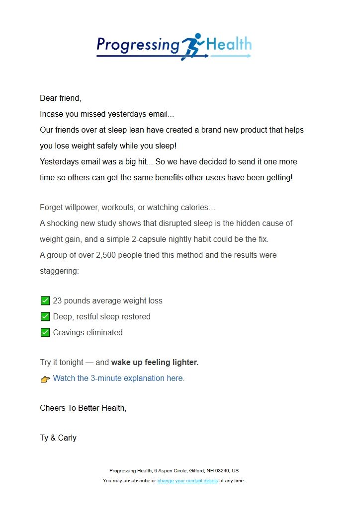 Screenshot of the email generated on import