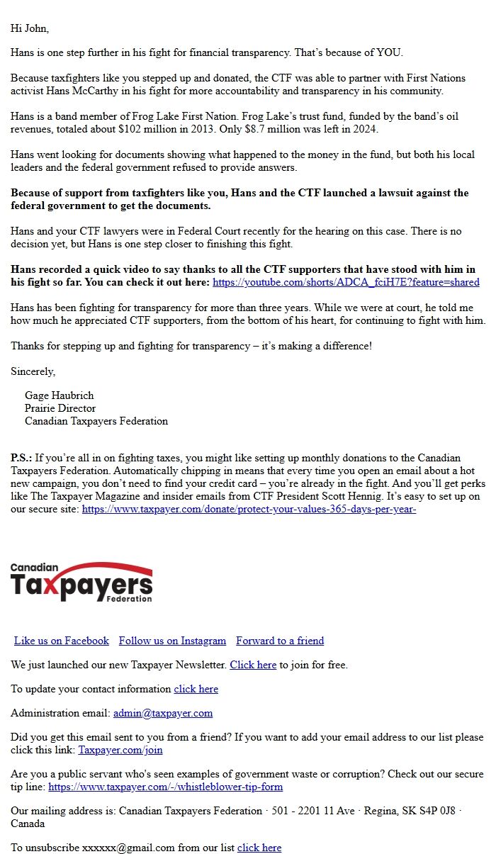 Screenshot of the email generated on import