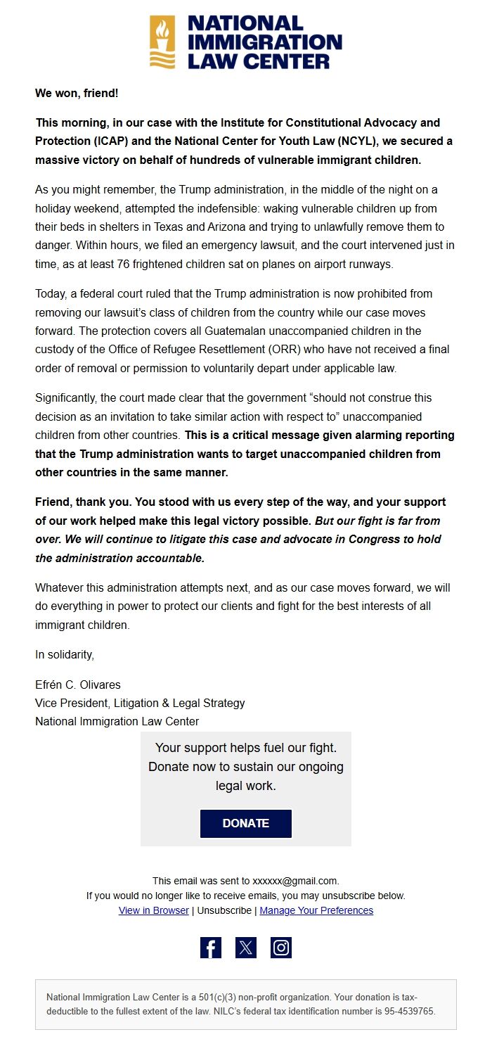 Screenshot of the email generated on import