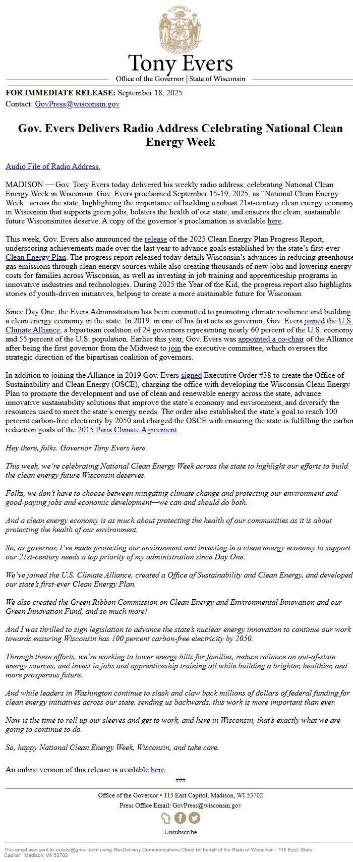 Screenshot of the email generated on import