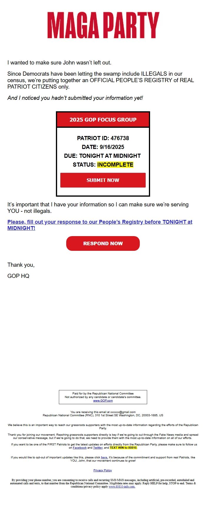 Screenshot of the email generated on import