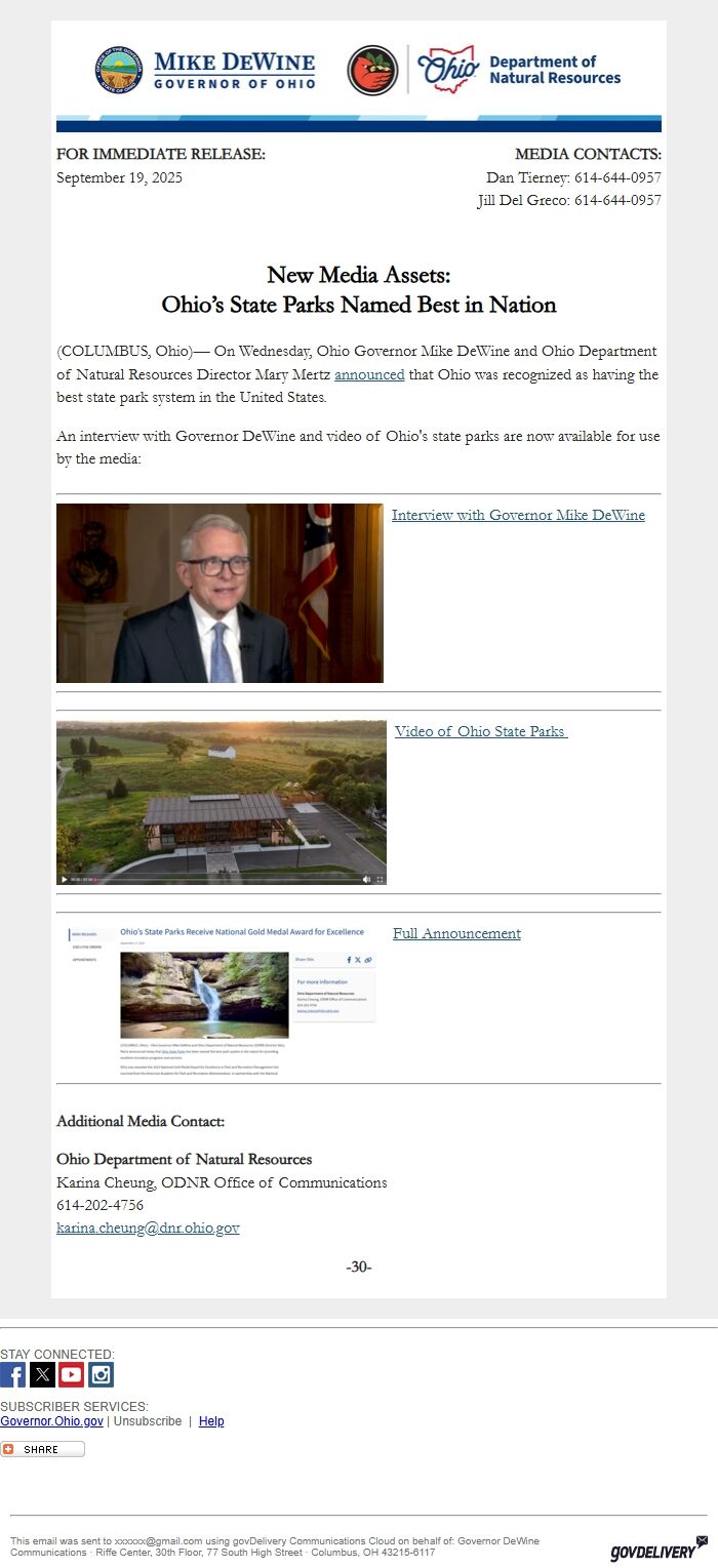 Screenshot of the email generated on import
