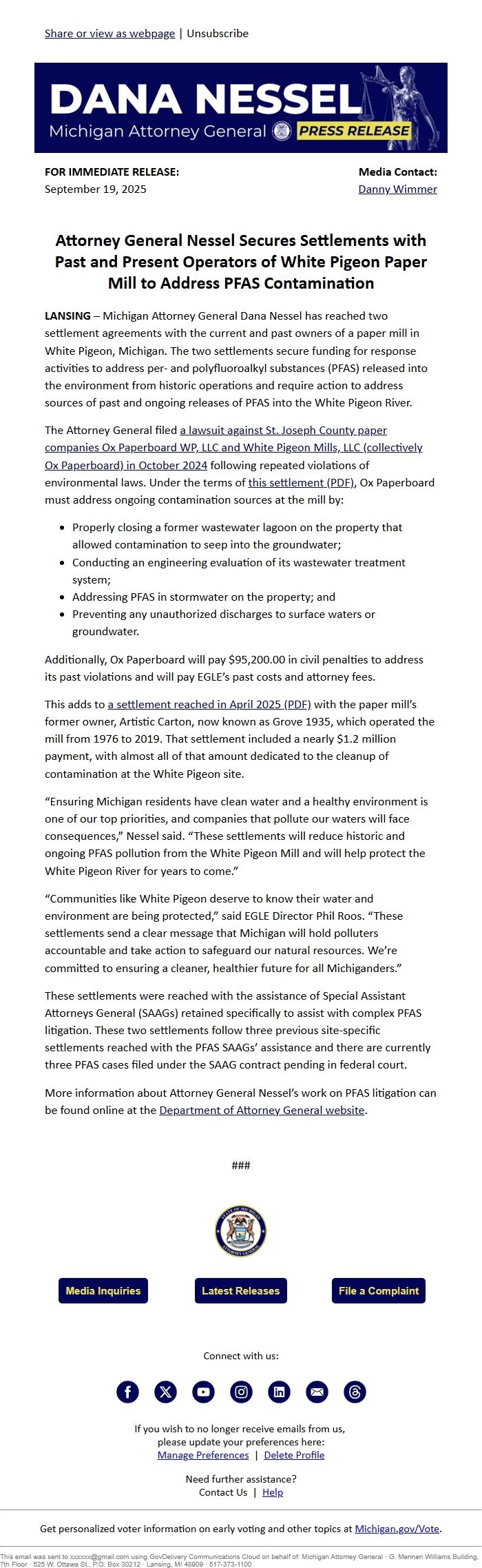 Screenshot of the email generated on import