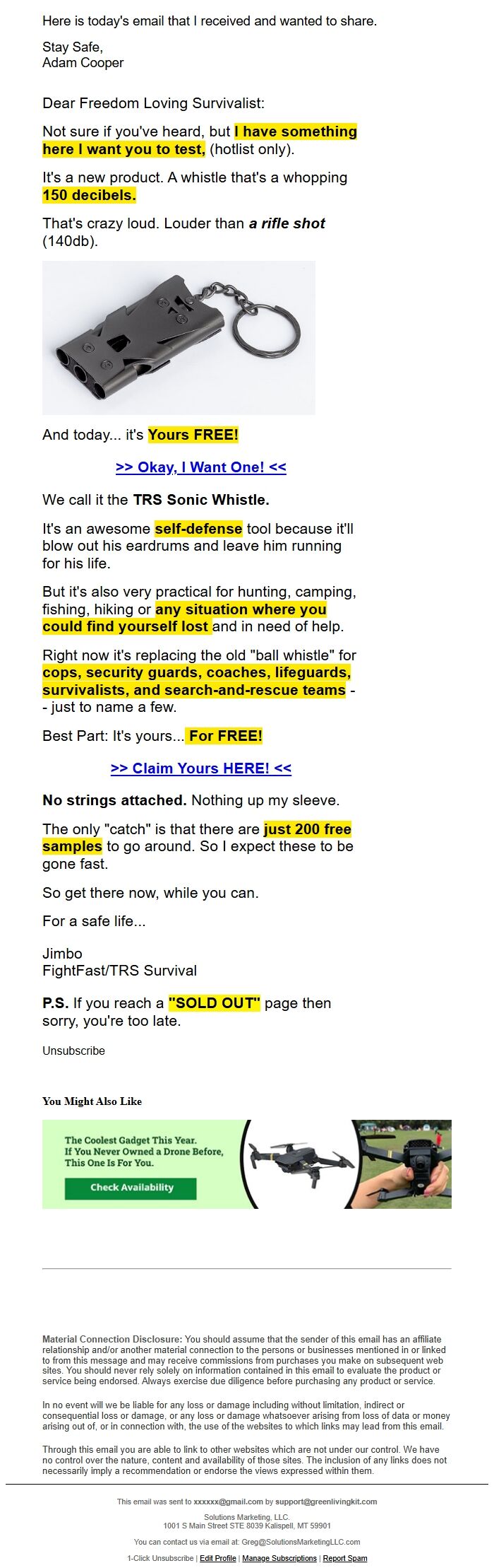 Screenshot of the email generated on import