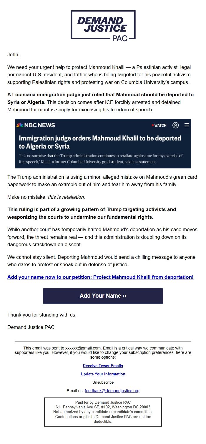 Screenshot of the email generated on import