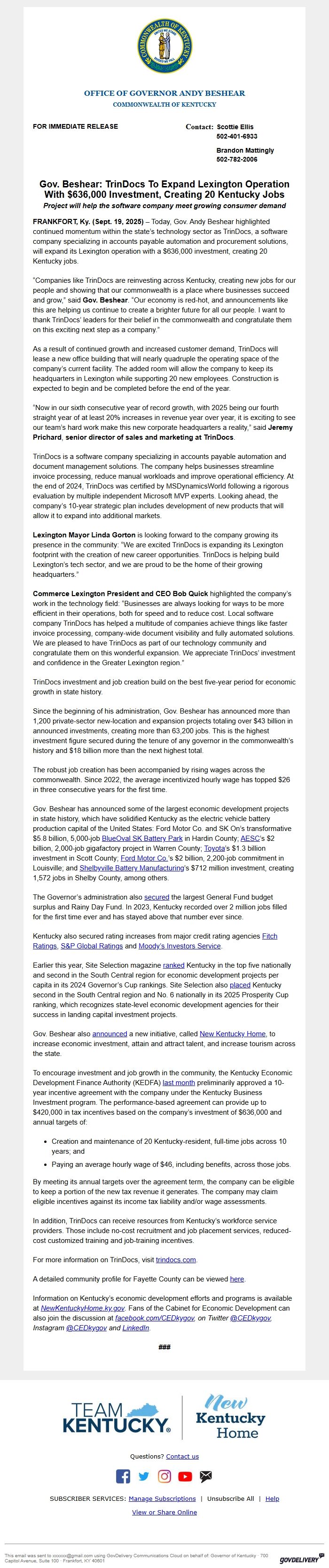 Screenshot of the email generated on import