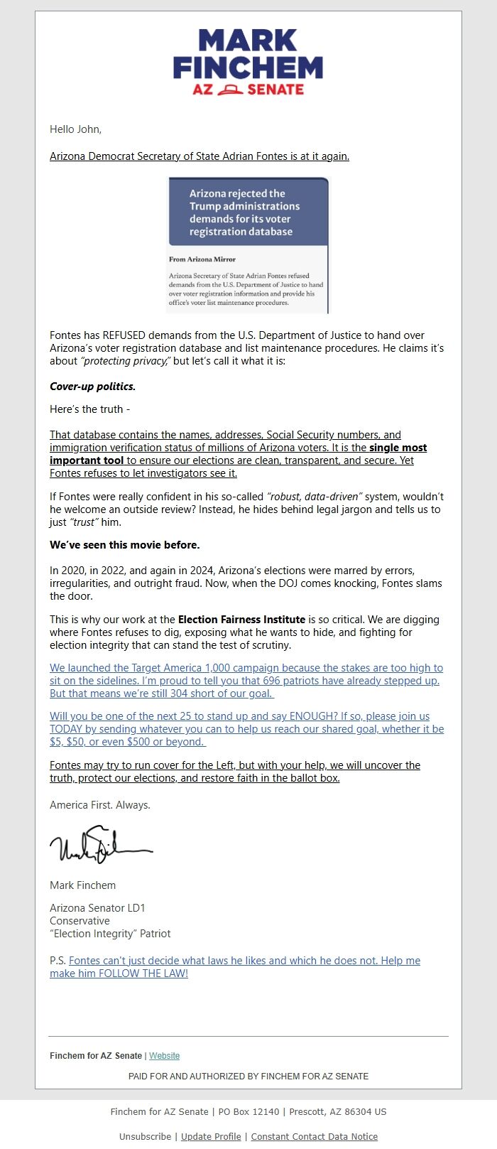 Screenshot of the email generated on import