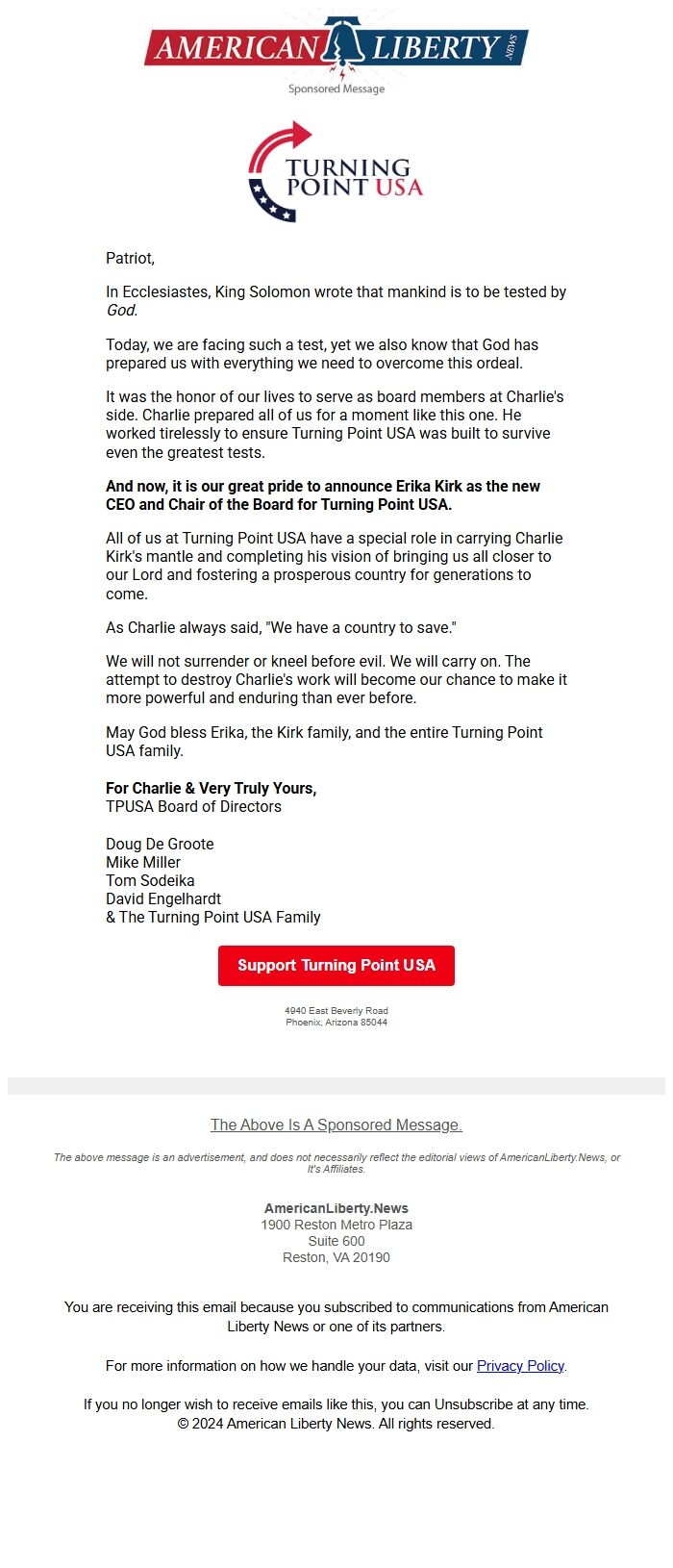 Screenshot of the email generated on import