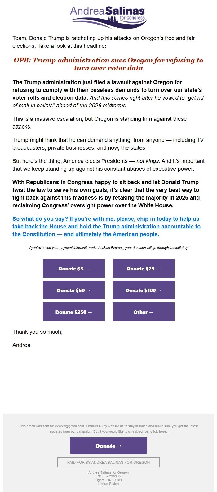 Screenshot of the email generated on import