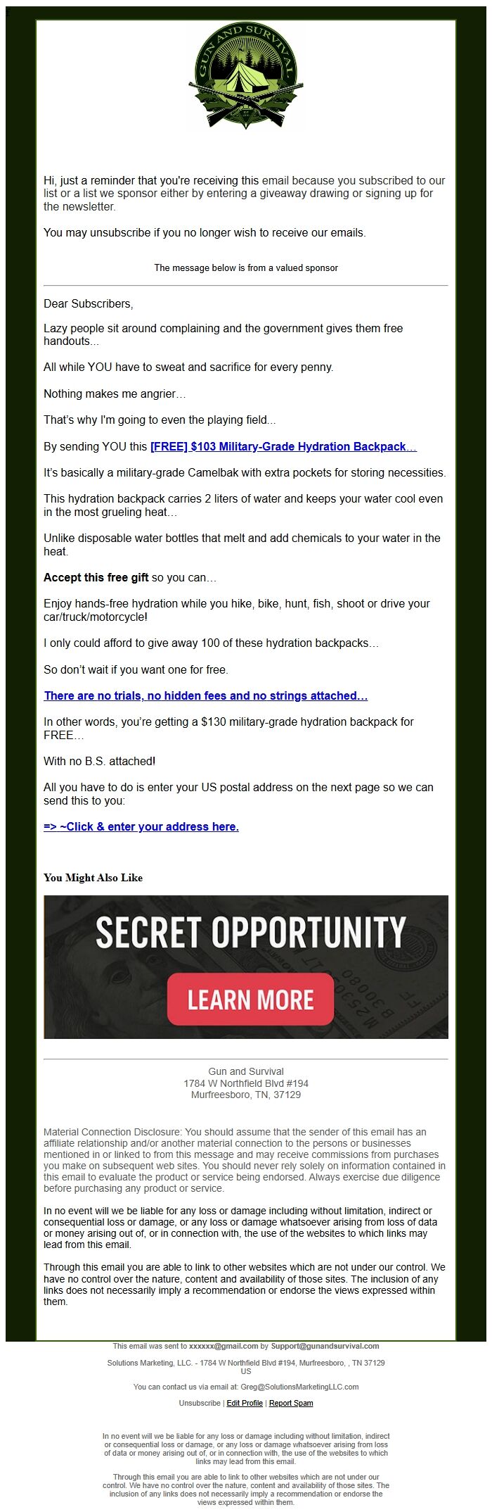 Screenshot of the email generated on import