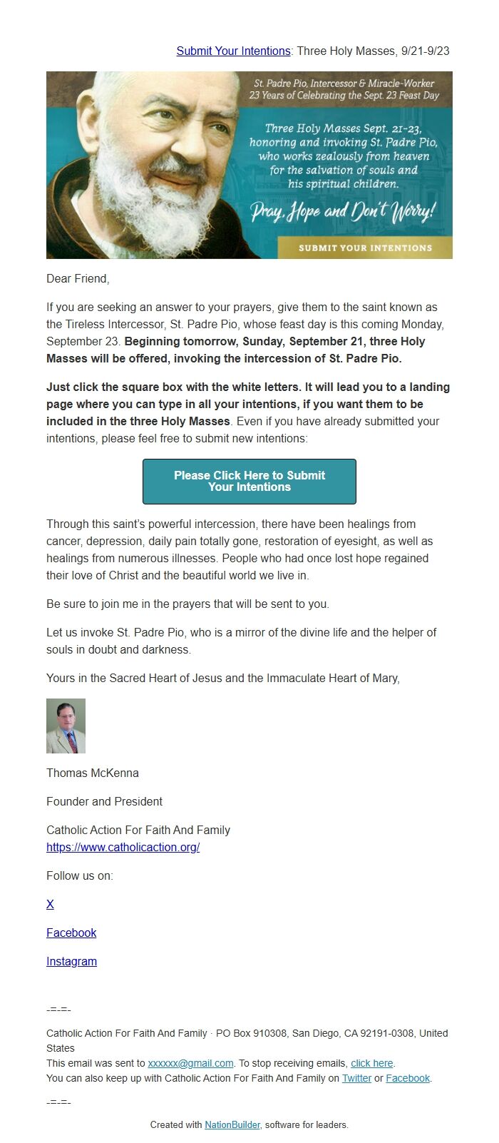 Screenshot of the email generated on import
