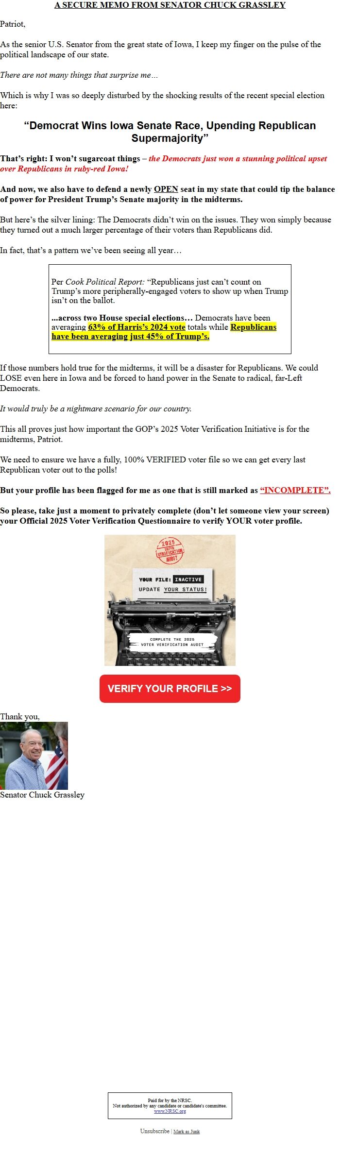 Screenshot of the email generated on import