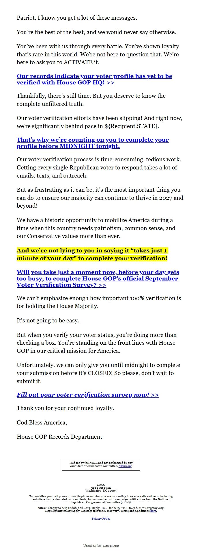 Screenshot of the email generated on import