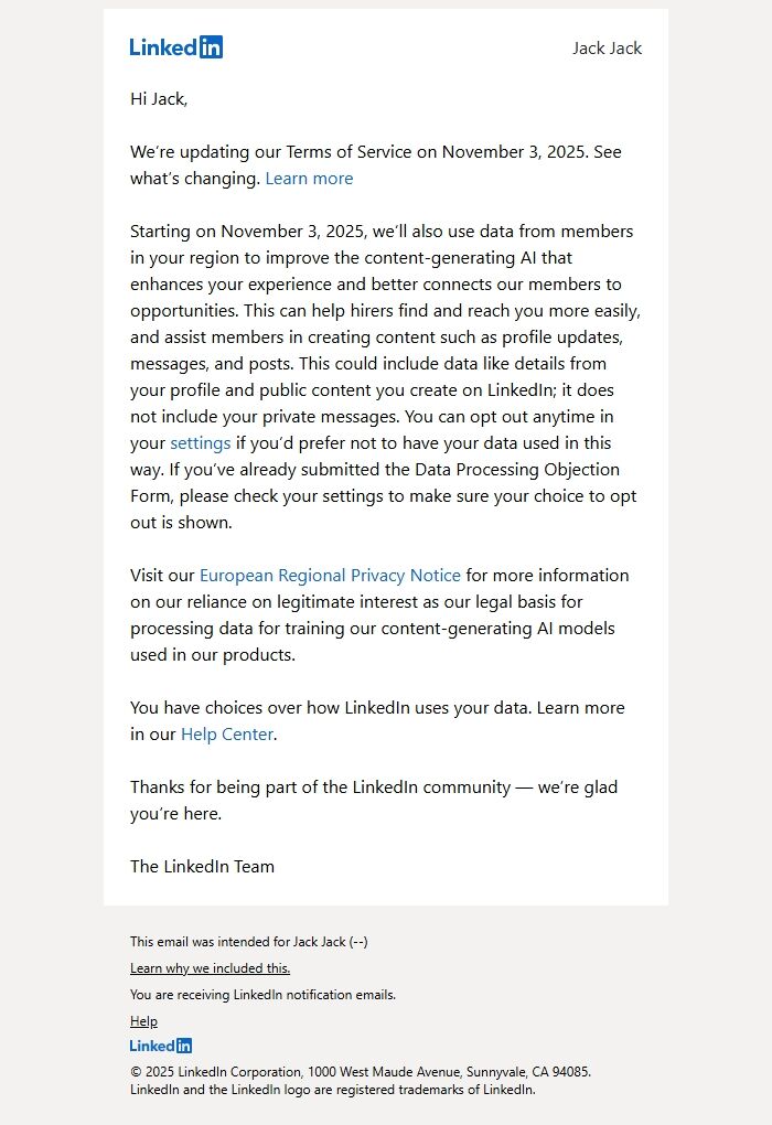 Screenshot of the email generated on import