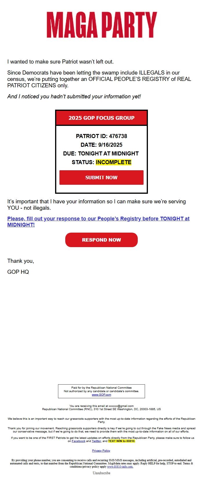 Screenshot of the email generated on import