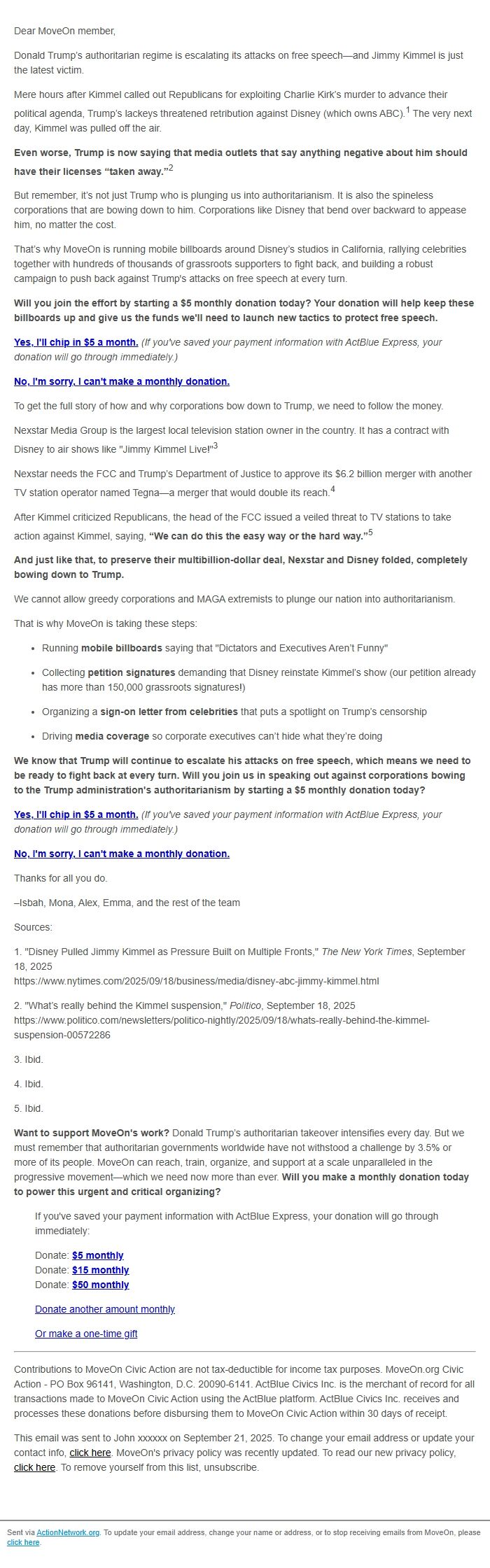 Screenshot of the email generated on import