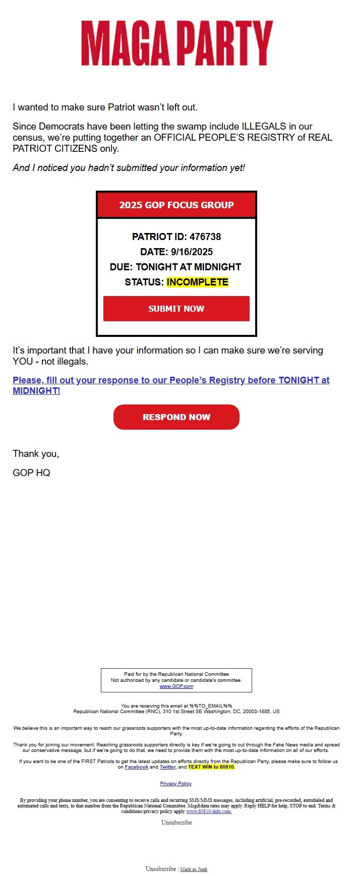 Screenshot of the email generated on import